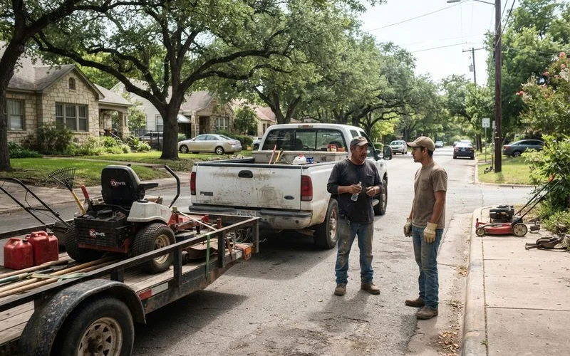 A landscaping crew working on a residential yard in Austin Texas with mowers and hedge trimmers visible