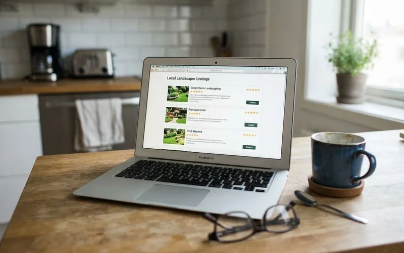 Close view of a laptop screen showing a directory ranking page with landscaper listings and star ratings